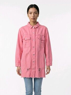 SHEIN Pink Distressed Long Denim Jacket
